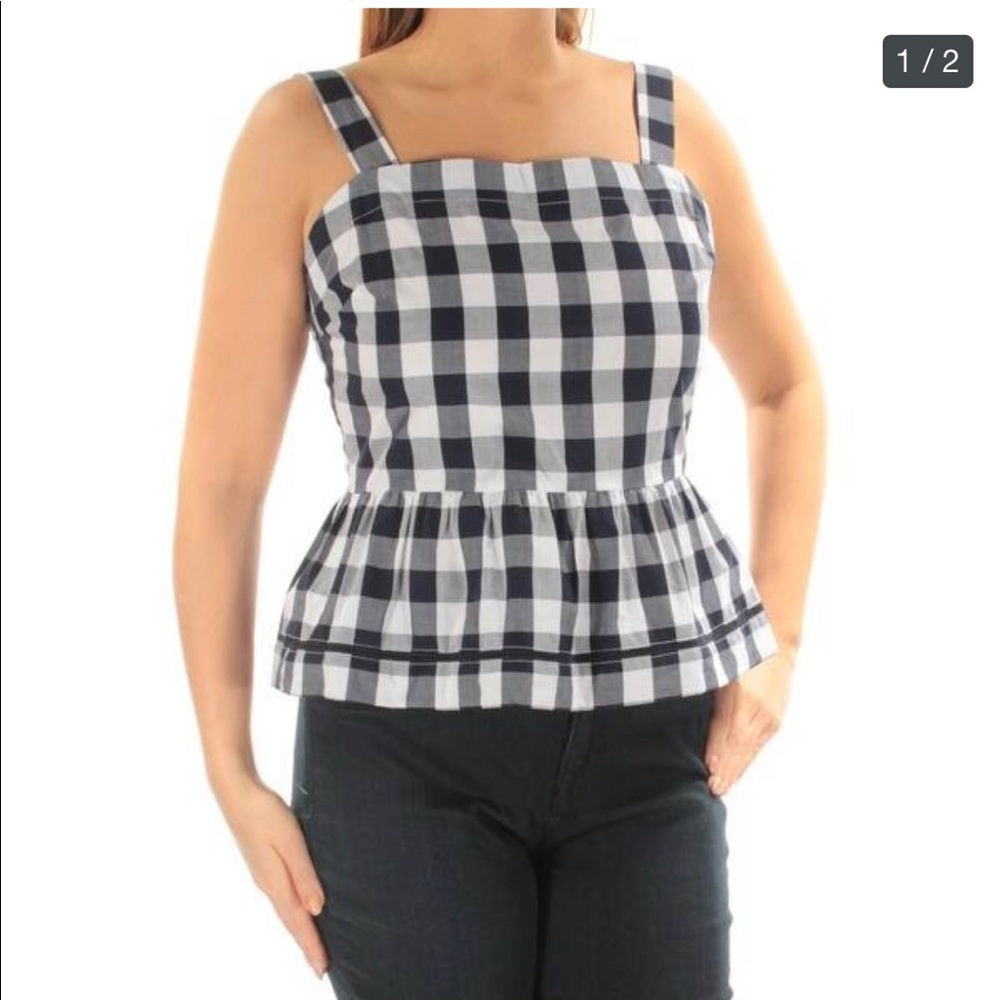 MAISON JULES Navy Check Square Neck Peplum Top